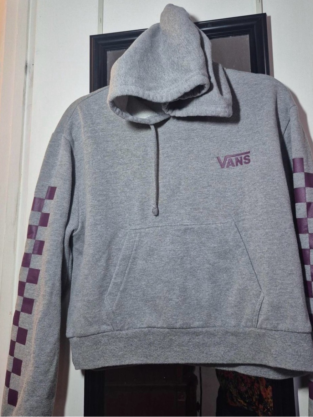 Vans Gray Crewneck Hoodie with Purple Checker Sleeves
